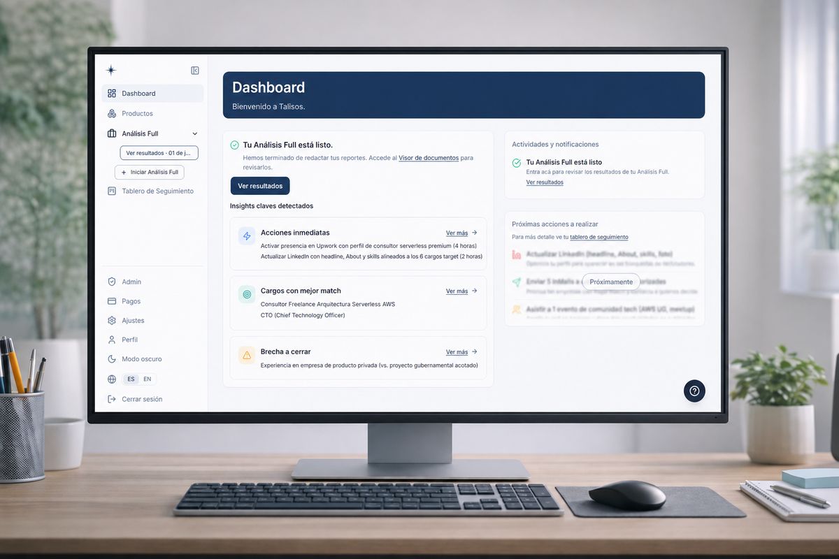 Dashboard de Talisos en un computador de escritorio: análisis completado, cargos con mejor match y próximas acciones a realizar